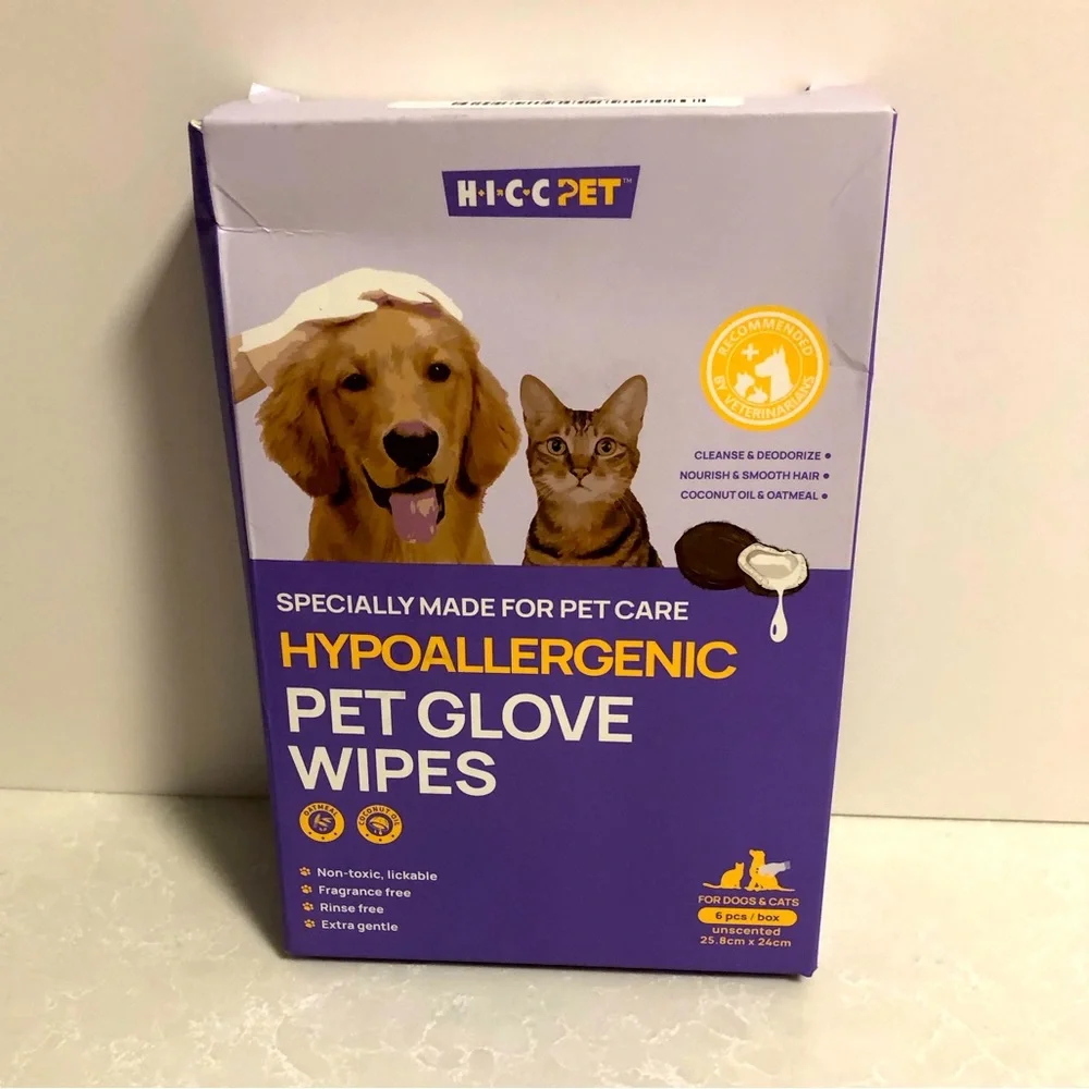 NWOT H.I.C.C Pet Hypoallergenic Pet Glove Wipes. Dogs or cats. 6 pcs. Unscented